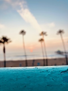 Sonnenuntergang über dem Meer mit verschwommenen Palmen im Vordergrund. Ein blaues Geländer mit leicht abgeblätterter Farbe ist im Vordergrund sichtbar