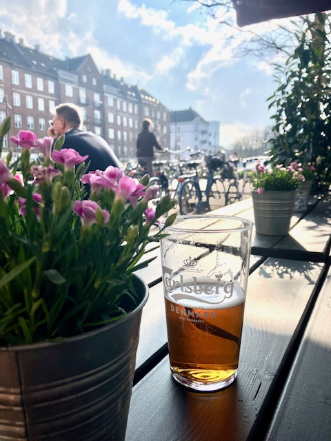 Halbvolles Bierglas auf einem Holztisch im Freien neben Blumentöpfen mit pinken Blumen, im Hintergrund Fahrräder und Gebäude in Kopenhagen im Sonnenschein mit freundlichen Wolken