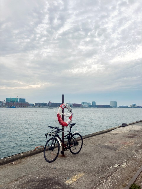 Altes Fahrrad lehnt an Pfosten mit Rettungsring am Wasser im Hafen von Kopenhagen, an der anderen Uferseite Häuser, freundlich bewölkter Himmel