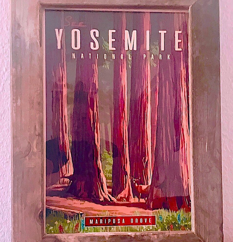 Altmodisches Poster mit hohen Mammutbäumen im Mariposa Grove im Yosemite Nationalpark, Schriftzug 'Yosemite National Park' und 'Mariposa Grove'