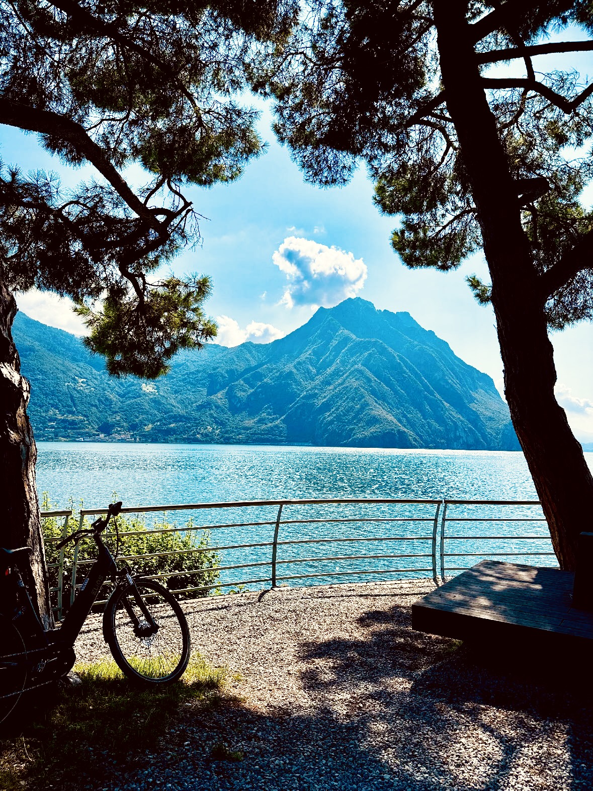 Ufer eines Sees mit Geländer, im Vordergrund ein Fahrrad und Bäume, im Hintergrund bewaldete Berge unter blauem Himmel