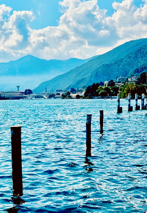 Holzpflöcke im Wasser eines glitzernden Sees, dahinter bewaldete Berge unter blauem Himmel mit freundlichen Wolken