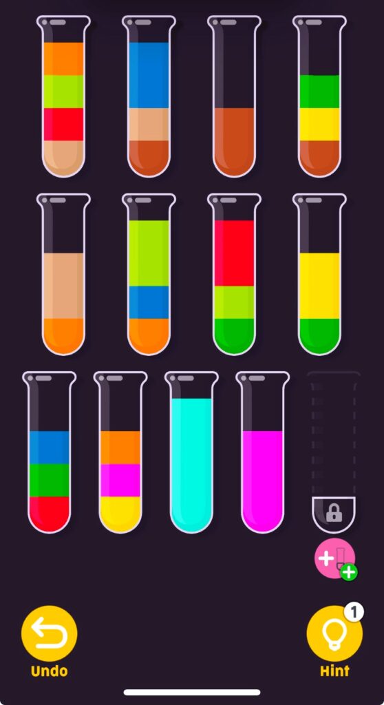 Handyspiel zeigt Reagenzgläser mit Flüssigkeiten in unterschiedlichen Farben, jeweils in mehreren horizontalen Schichten angeordnet