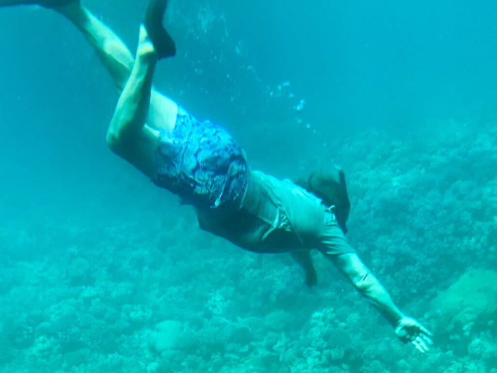 Person mit blau gemusterten Badehosen und Schwimmflossen taucht unter Wasser, ausgestreckte Arme nach vorne, Korallenboden sichtbar
