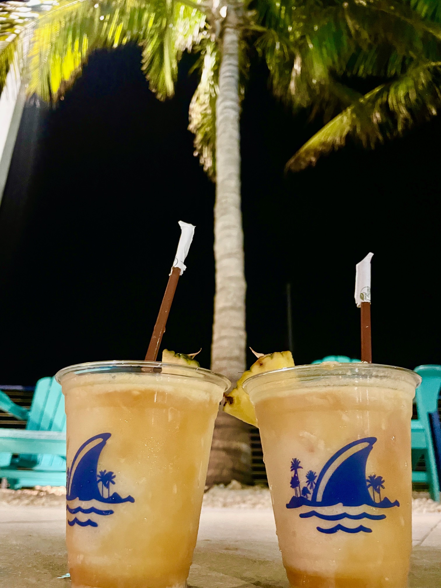 Zwei Plastikbecher mit Cocktails, jeweils mit Strohhalm und Ananasscheibe, vor Palmen und Nachthimmel am Strand