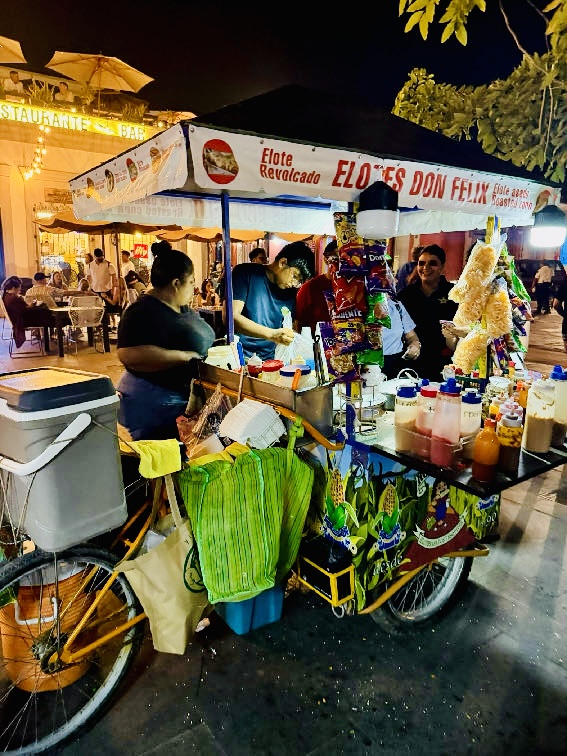 Verkaufsfahrrad mit Stand und Sonnendach, beschriftet mit 'ELOTES DON FELIX', mit Snacks, Saucen und Maiskolben-Dekorationen bei nächtlicher Beleuchtung