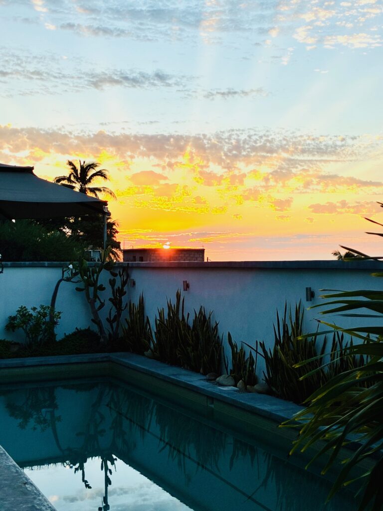 Sonnenaufgang mit orange-gelbem Himmel über einer Mauer, davor ein rechteckiger Pool und Pflanzen