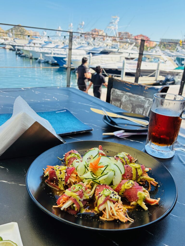 Schwarzer Teller mit Sushi-Rollen, garniert mit Gurkenspirale und Sesam, auf Tisch mit Getränk und Hafen im Hintergrund unter blauem Himmel
