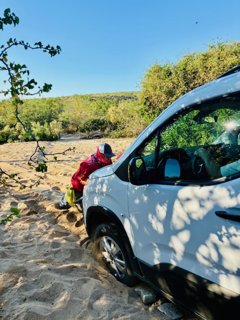 Weißes Auto steckt mit Vorderrad im Sand fest, Person in roter Jacke versucht, es zu befreien, umgeben von Büschen und blauem Himmel