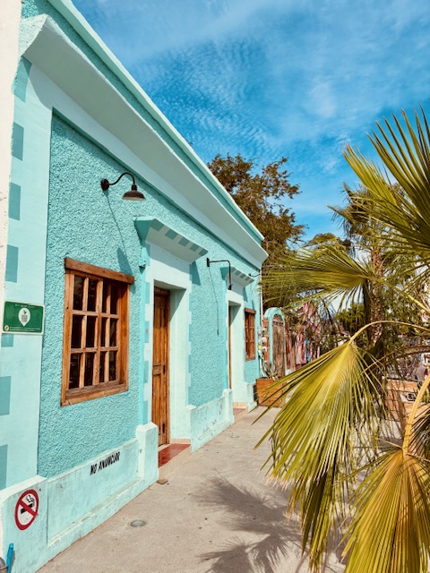 Einstöckiges türkisfarbenes Haus mit Holztür und Fenster, Laterne an der Wand, Palmenblätter im Vordergrund, blauer Himmel mit freundlichen Wolken