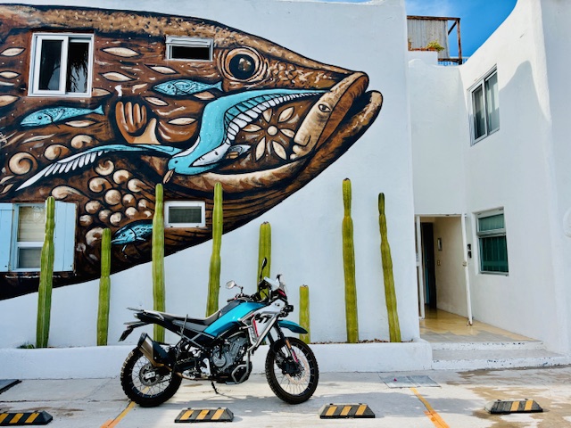 Großes Wandbild eines stilisierten Fisches mit Mustern in Braun- und Blautönen an einem weißen Gebäude, davor steht ein blau-schwarzes Motorrad mit den selben Farbtönen