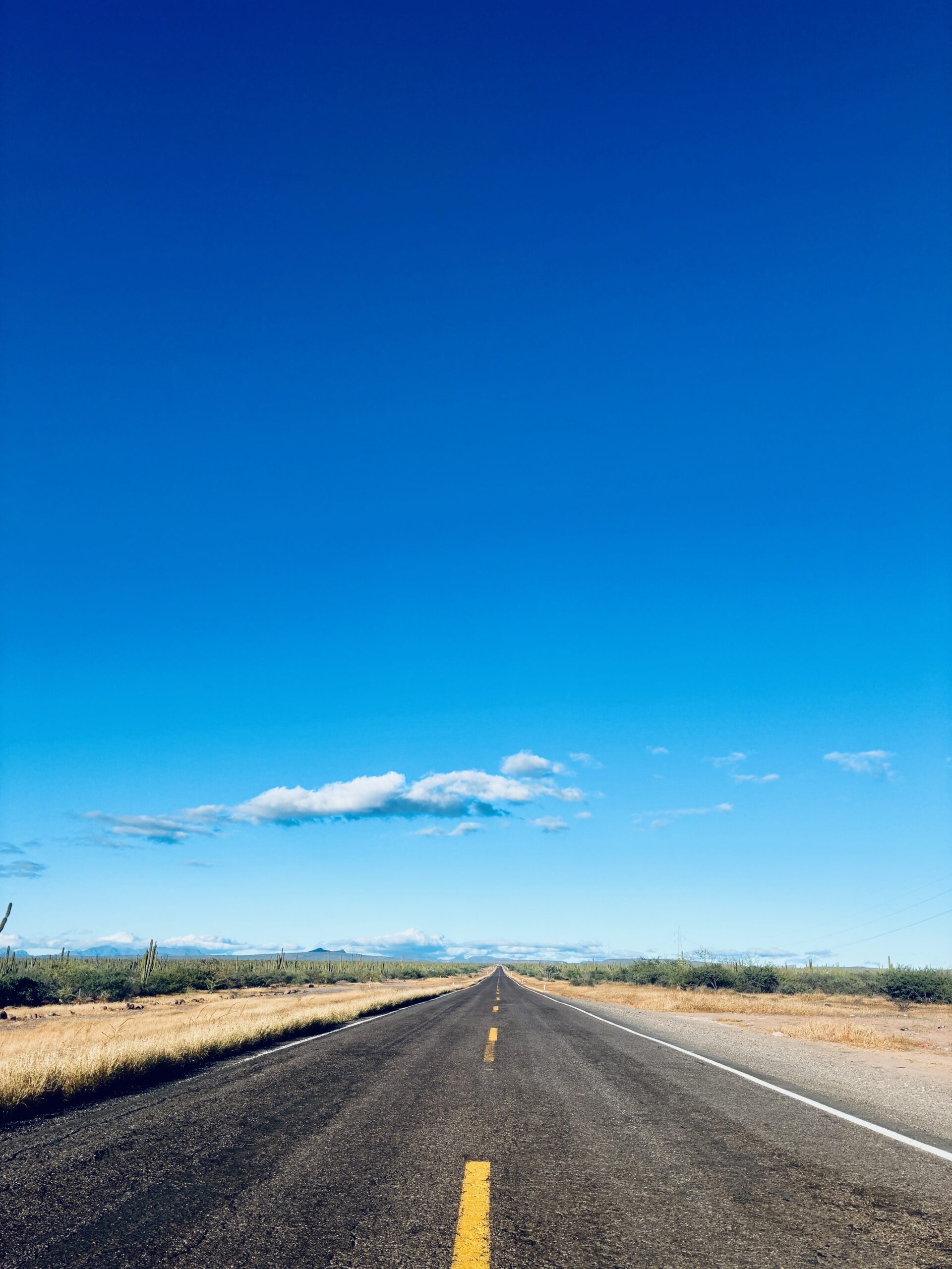 Gerade verlaufende Landstraße mit gestrichelter gelber Mittellinie, umgeben von trockenem Gras und niedrigem Buschwerk unter klarem blauem Himmel mit einzelner Wolke