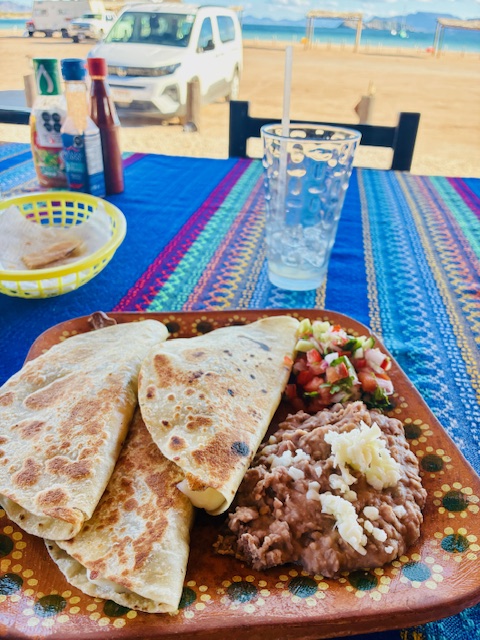 Drei gefaltete Quesadillas auf braunem Teller mit Bohnenpüree, Käse und Salsa, im Hintergrund Strand und Meer