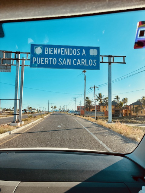 Blaues Verkehrsschild mit weißer Schrift 'BIENVENIDOS A PUERTO SAN CARLOS' über einer zweispurigen Straße, aufgenommen aus einem Auto