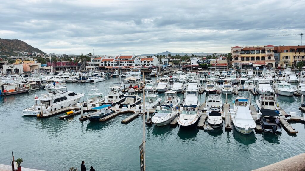 Yachthafen mit vielen Jachten und Häusern im Hintergrund unter bewölktem Himmel
