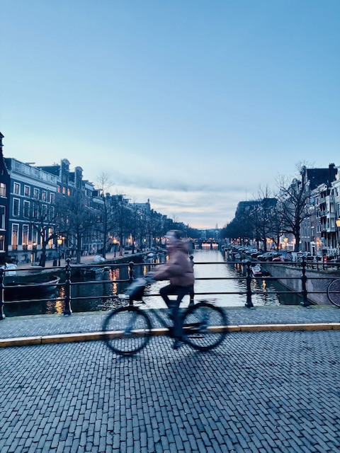 Verschwommene Person auf Fahrrad vor Amsterdamer Gracht mit historischen Häusern und kahlen Bäumen in der blauen Stunde