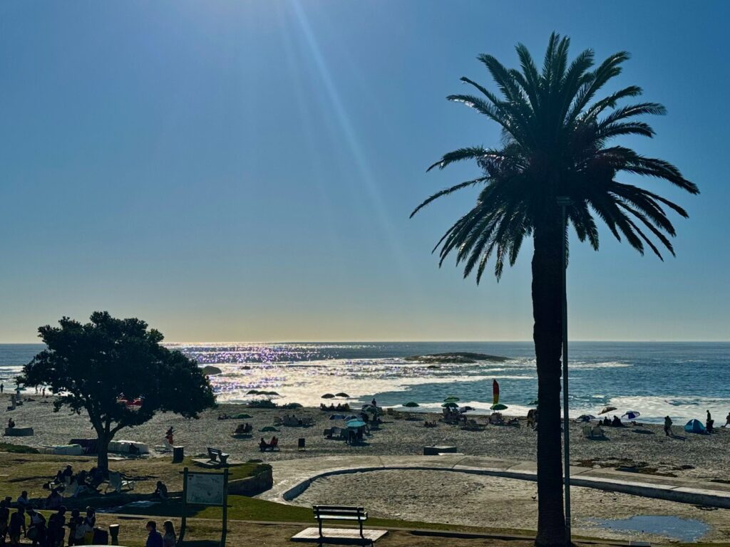 Strand mit Palmen, Menschen und Sonnenschirmen vor glitzerndem Meer unter klarem Himmel