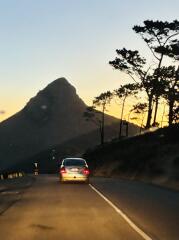 Straße mit Auto im Vordergrund und dem Berg "Lion`s heead" im Hintergrund bei Sonnenuntergang mit Silhouetten von Bäumen am Straßenrand