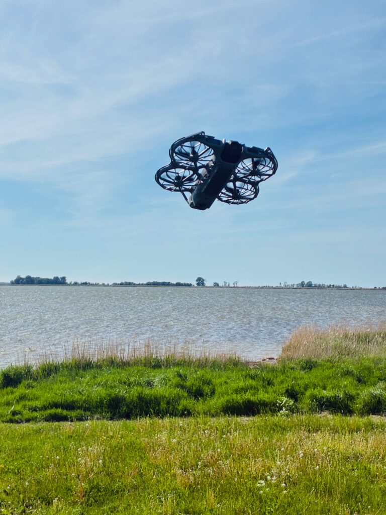 Schwarze Drohne mit Schutzgittern über Grasfläche vor Wasser und klarem Himmel