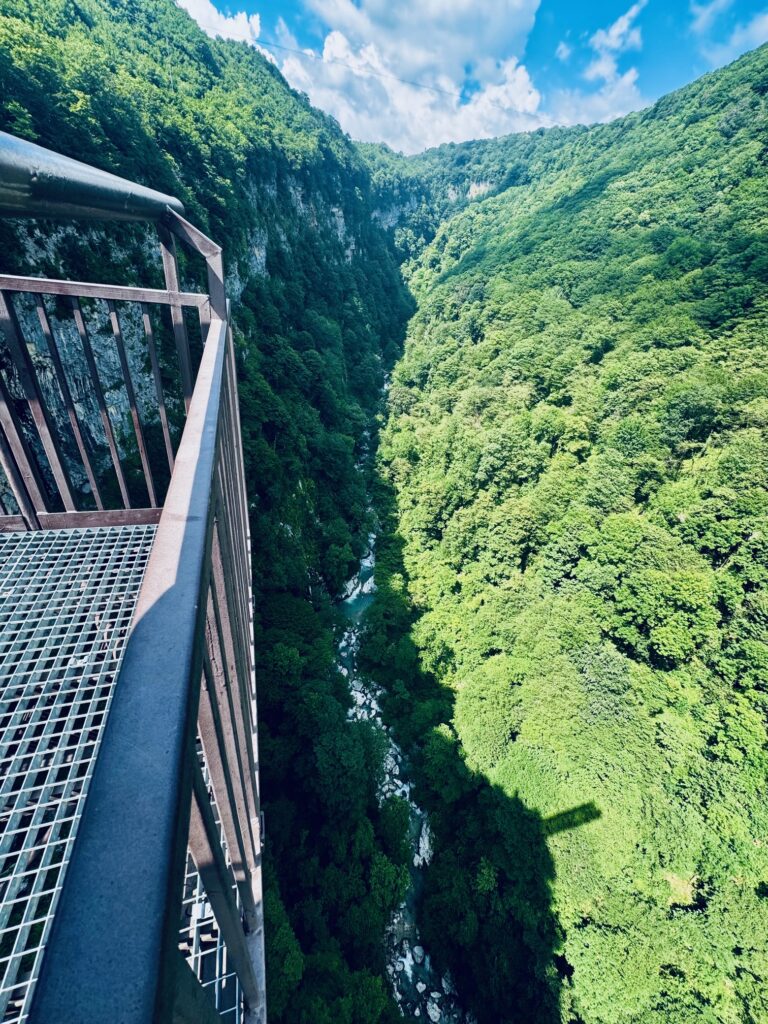 Blick von einem Gittersteg auf eine tiefe, bewaldete Schlucht unter blauem Himmel mit Wolken