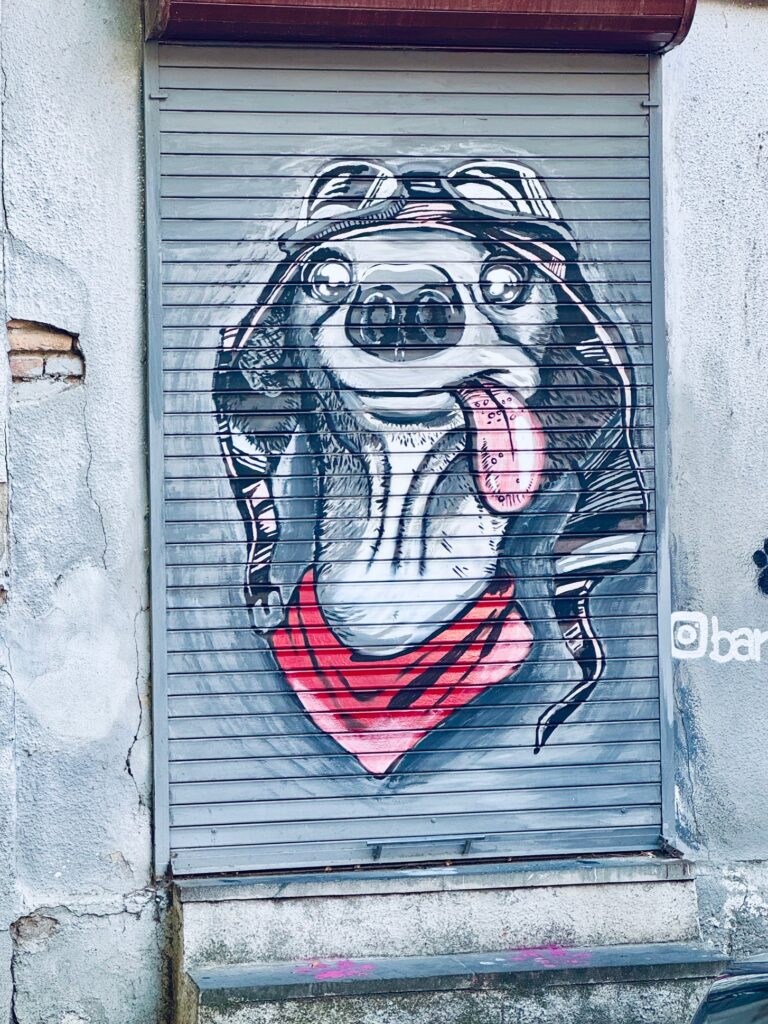 Graffiti eines Hundes mit herausgestreckter Zunge, der eine Fliegerbrille und ein rotes Halstuch trägt, auf einem Metallrolltor