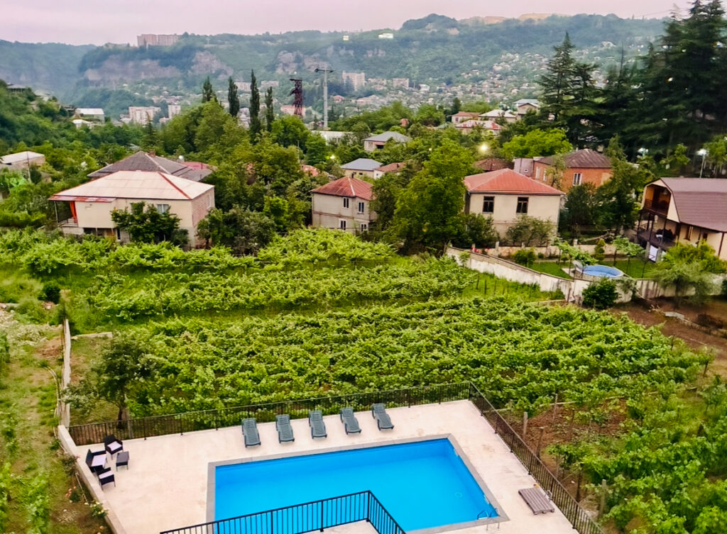 Blick von oben auf einen rechteckigen Pool mit Liegestühlen und Sitzgruppe, umgeben von Weinreben und mehreren Häusern vor bewaldeten Hügeln