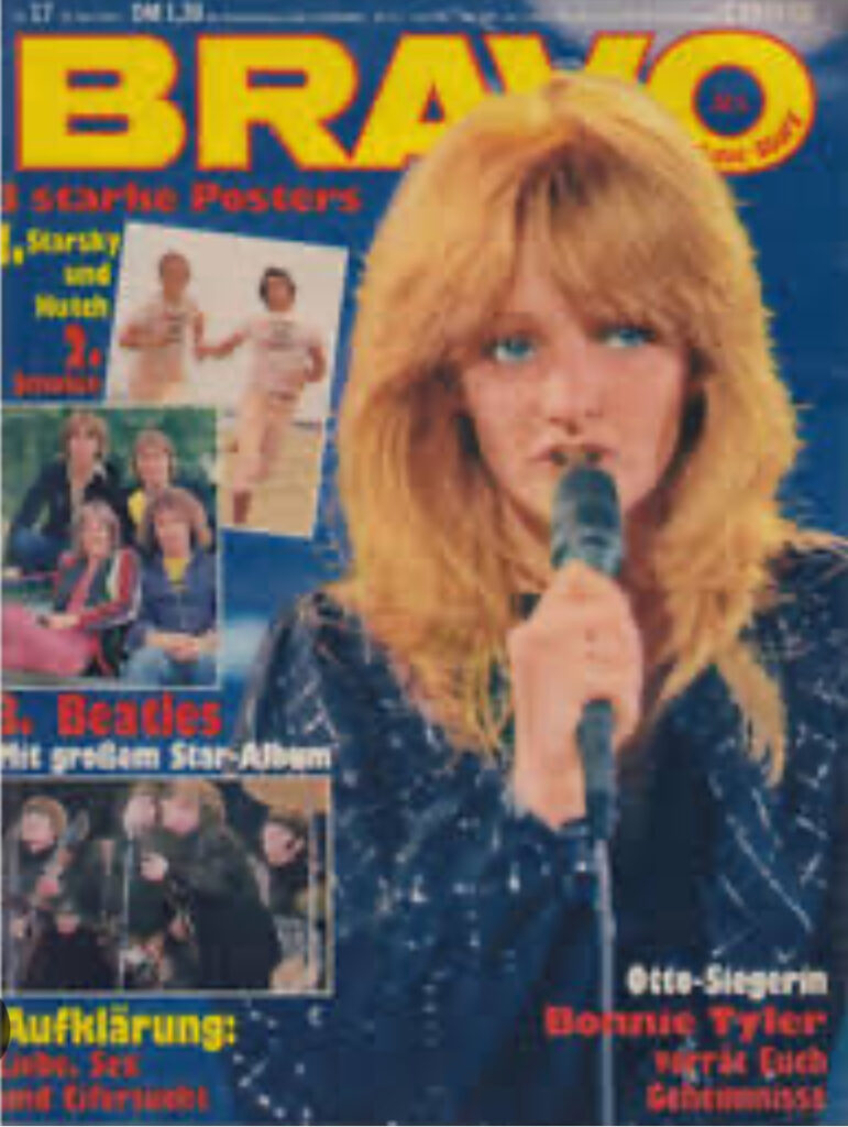 Cover der Zeitschrift BRAVO aus dem Jahr 1979 mit Sängerin Bonnie Tyler, die ein Mikrofon hält, und mehreren kleineren Fotos von Musikgruppen