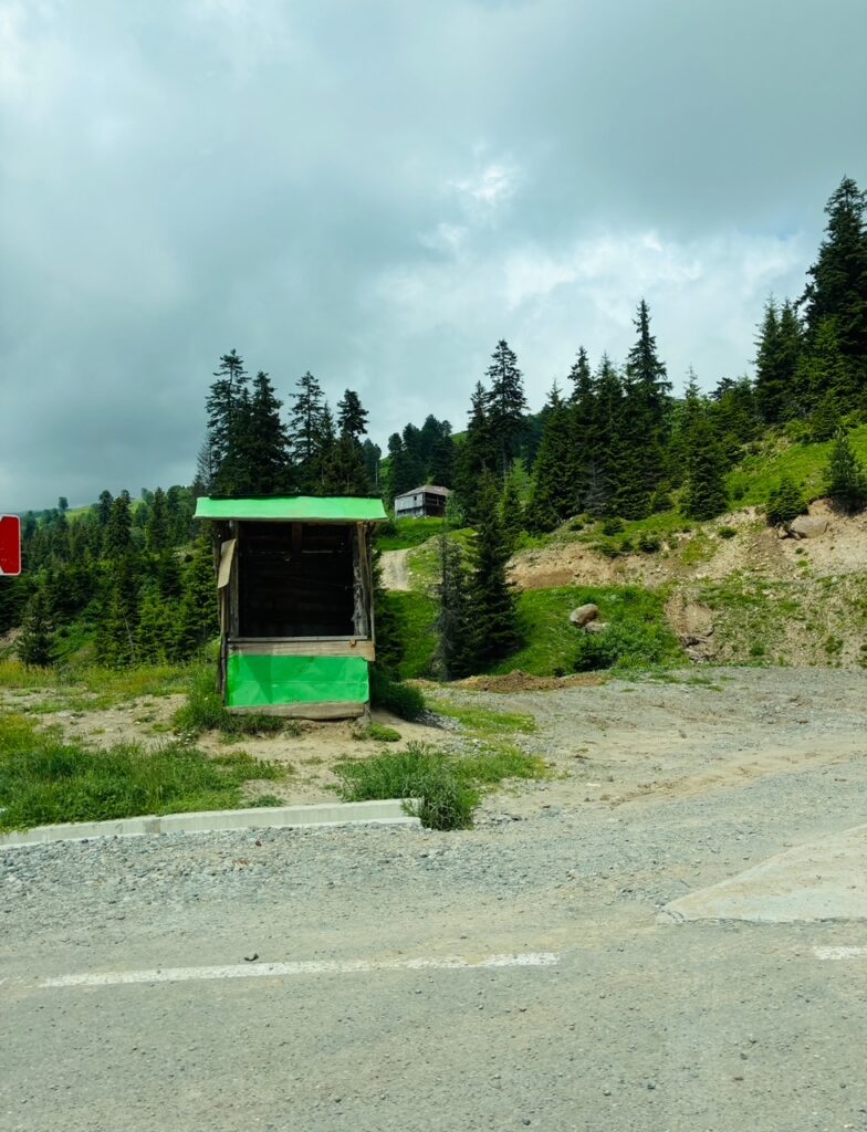 Leerstehender, altmodischer grüner Verkaufsstand auf einem Schotterweg vor bewaldetem Hügel mit Nadelbäumen und bewölktem Himmel